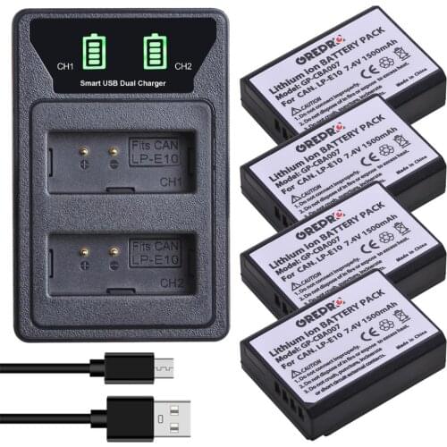 4Pcs 1500mAh LP-E10 LP E10 Battery + LED Dual USB Charger for Canon EOS 1100D 1200D 1300D 2000D Rebel T3 T5 T6 KISS X50 X70