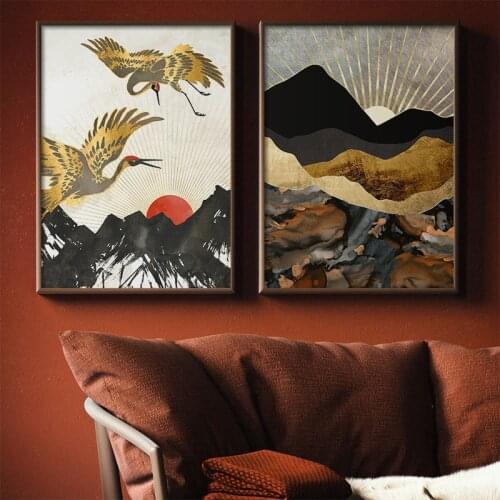 Japanese Style Abstract Landscape Mountain Sunrise Crane Octopus Canvas Painting Posters and Prints Wall Art Picture Home Decor