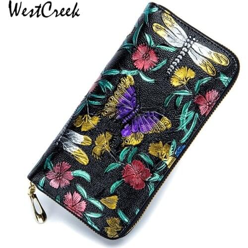 WESTCREEK Brand Women Leather Retro Rose Print Wallets Embossed Flowers Lady Clutch Phone Bag Long Purse with Zipper Coin Pocket