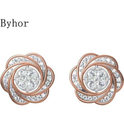 Byhor Solid 14K White/Yellow+White/Rose+White Gold 0.988ct H/SI Natural Diamonds Stud Earrings Women Flower Cерьги Fine Jewelry