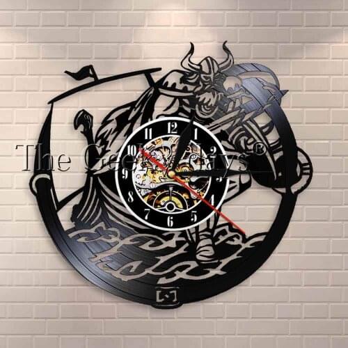 Vinyl Record Silent Quartz Wall Clock Scandinavian Viking Odin And Gungnir Weapons Sword And Shield Magical Wall Hanging Watch