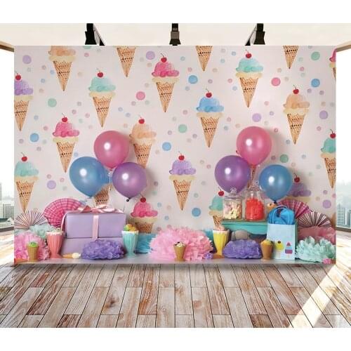 Photography Backdrops For Photography Pink Balloons Ice Cream Gift Cake Flowers Floor Party Baby Photo Background Photo Studio