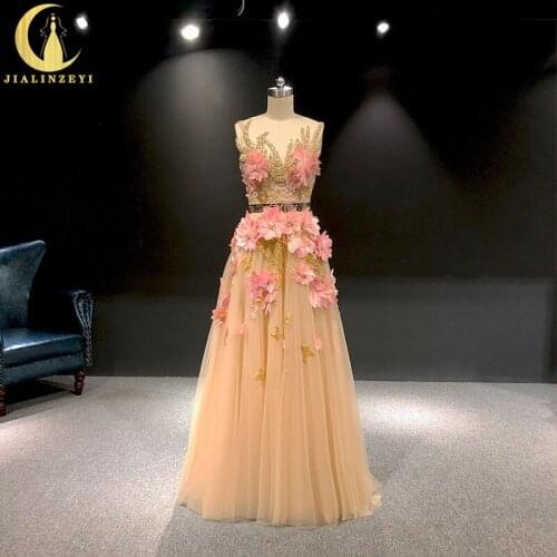 JIALINZEYI Elie Saab Strapless Champagne Gold Beads Crystal With Feathers robe de soirée de mariage Fromal dress Evening Dresses