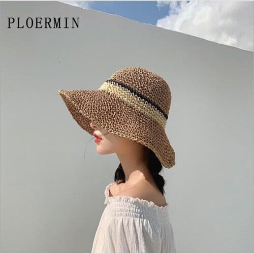 PLOERMIN Fashion Lady Straw Hat Women Summer Sun Visor Sun hat Panama Floppy Bucket Cap Female Woman Summer Hat Straw Beach