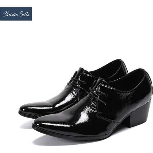 Christia Bella Italian Business Office Mens Shoes Black Real Leather Oxford Shoes Increase Height Brogue Shoes Lace Up Footwear