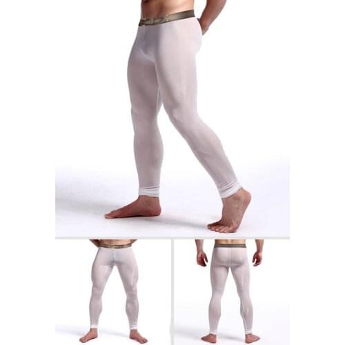 Mens Sexy Warm Ice Silk Stretch Yoga Bodybuilding Leggings NineCent Pants Comfortable U Convex Pouch UltraThin Sleep Bottoms