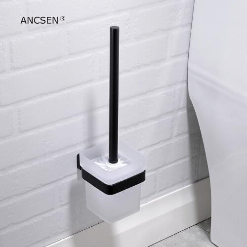Stainless Steel Black Wall Mounted Toilet Brush Holder with Frosted Glass Cup Bathroom lavatory Brush Cleaning Tools Accessories