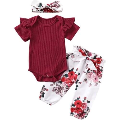 Hot Newborn Baby Girl Clothes Infant Baby Girl Sets Solid Romper+Flower Print Pants+Hairband Baby Girl Outfits