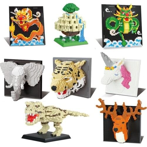 Small Animal Series 3D Elephant Tiger Head Deer Head Horse Head Model Building Blocks Home Decoration DIY Assembled Toy Bricks