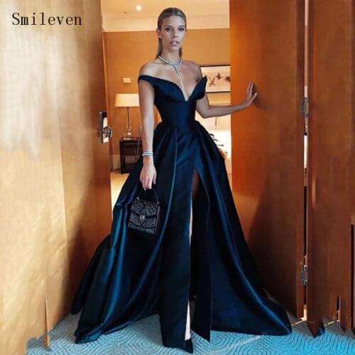 Smileven Sexy Black Formal Evening Dresses Long High Side Split Prom Dresses Off The Shoulder Celebrity Dresses