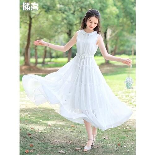 TIYIHAILEY Free Shipping 2021 New Boshow Summer High Waist Long Maxi White S-L Chiffon Turn Down Collar Dress Sleeveless Bandage