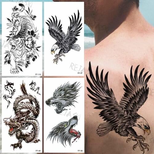 Black Bald Eagle Temporary Tattoos For Women Girls Realistic Tiger Flora Dragon Wolf Fake Tattoo Sticker Back Tatoos Arm Body