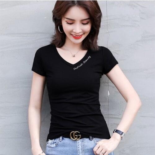 Fashion Summer Top 2020 Women V Neck T Shirt Slim Fit Stretch Cotton T-Shirt Chic Short Sleeve Tees Bottom Shirt Plus Size 3XL