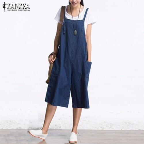 Womens Jumpsuits 2021 ZANZEA Wide Leg Overalls Denim Blue Dungarees Rompers Sleeveless Adjustable Strap Button Summer Pants