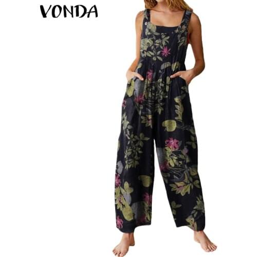 Sexy Women Rompers Floral Jumpsuits 2021 VONDA Office Wide Leg Pants Lady Sleeveless Print Party Overalls Playsuits 5XL