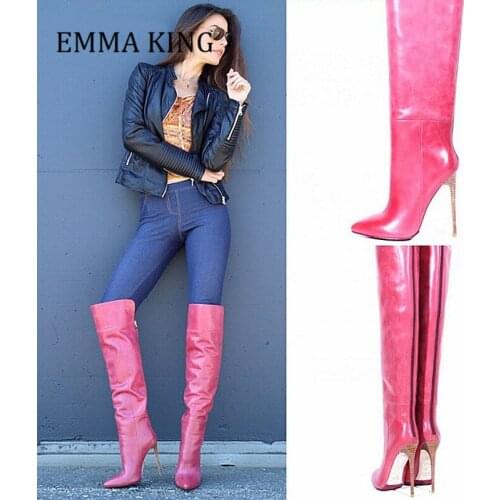 Pink Leather Women Knee High Boots Sexy Pointed Toe High Heels Womens Shoes Back Zipper Stilettos Boot Women Fashion Long Boots