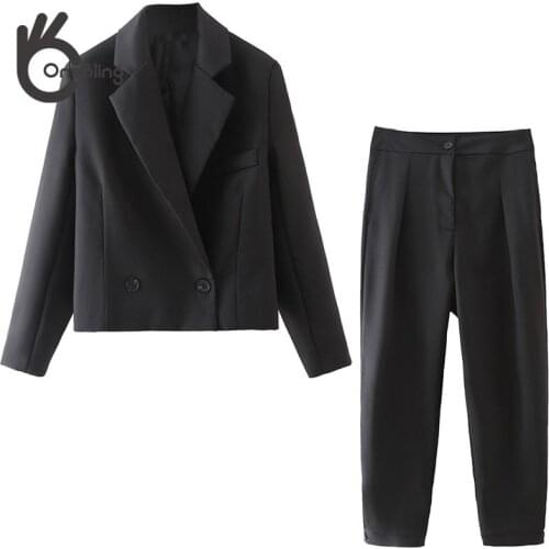 OneBling Za Traf Women 2021 OL Casual Office Suits Autumn Cropped Blazers Ankle Length Straight Pants 2 Piece Sets Black