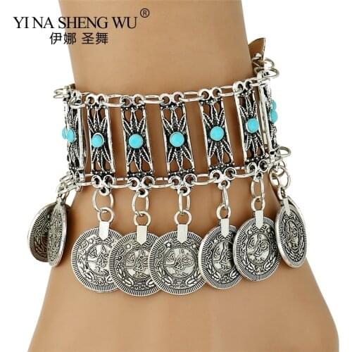 Womens Bracelet Bracelet Belly Dance Bracelet Charm Retro Ladies Jewelry Gifts Turquoise Coin Pendant Dance Bohemian Beach 1PC