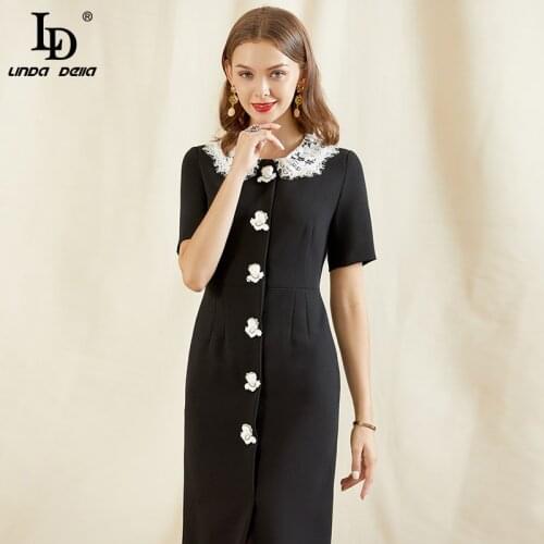 LD LINDA DELLA Fashion Runway Summer Dress Women Short Sleeve Flower Button Beading white Lace Patchwork Slim Ladies Black Dress