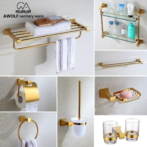 Bathroom Accessories Solid Brass Shiny Titianium Gold Wall Mounted Shelves Towel Track Hooks Soap Dish Paper Holder AZ5150