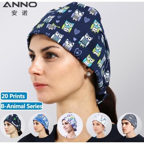 ANNO Cotton Scrub Caps Women Hospital Doctor Nurse Work Hats Nursing Cap Short or Long Hair Head Wear Animal Carton Print