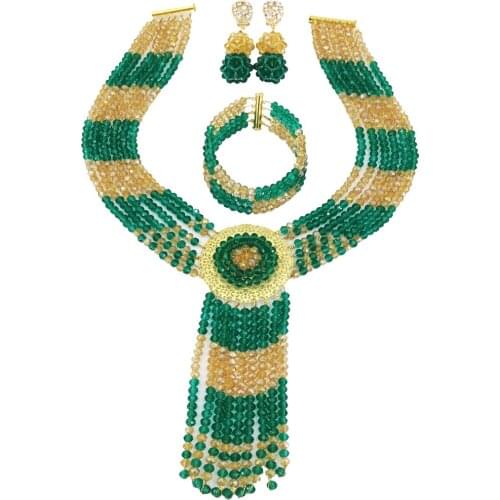 Teal Green Army Green Champagne Gold AB Crystal Beads African Necklace Sets Nigerian Wedding Jewelry Sets for Women 6CXLS03