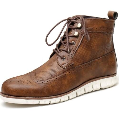 Men Shoes Casual Soft Leather Boots Brown Brogue Men Shoes Carving Bullock Platform Boot Breathable Vintage High Top Ankle Botas