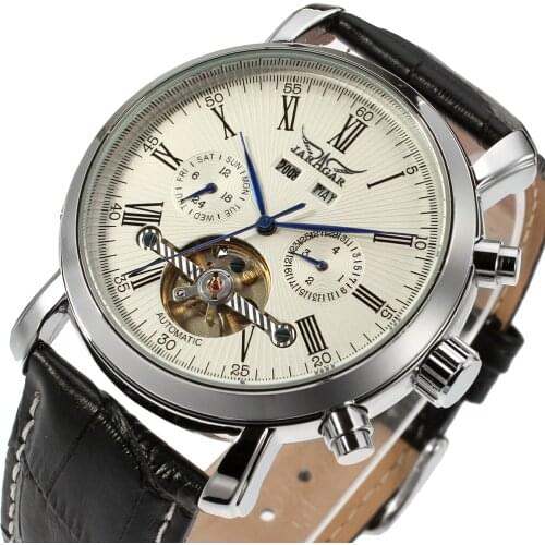 Fashion Jargar Top Brand New Automatic Men Tourbillon Silver Color Black Genuine Leather Strap Watch For Man Army Sport Clocks