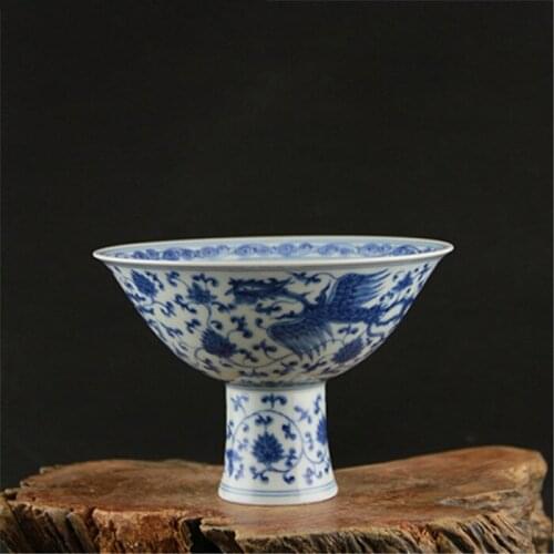 Antique MingDynasty porcelain bowl,Blue& white phoenix high bowl,Hand-painted crafts,Decoration,collection &Adornment