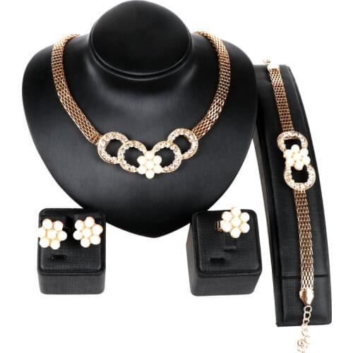 Hot Sale Classic Imitation Pearl Gold Color top Crystal Elegant Party Fashion necklace bracelet earrings Ring Pearl Jewelry Set