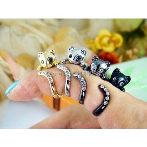 Womens girls Kitty Cat Ring Crystals Adjustable Free Size Wrap Ring Kitten Gold Silver Chrome Silver Black gift idea