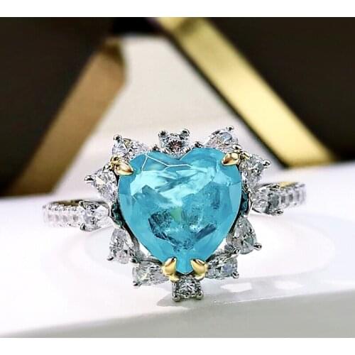 Trendy 925 Sterling Silver Heart Paraiba Tourmaline Rings for Women Fine Jewelry Love Promise Finger Ring Engagement Wedding