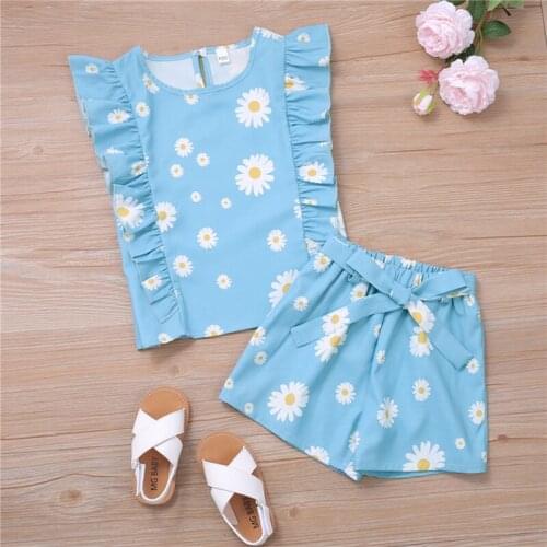 Cute Girls Two-piece Clothes Set Sky Blue Sleeveless Floral Printed Pattern Round Collar Tops + Shorts Girls Kids Clothes Set