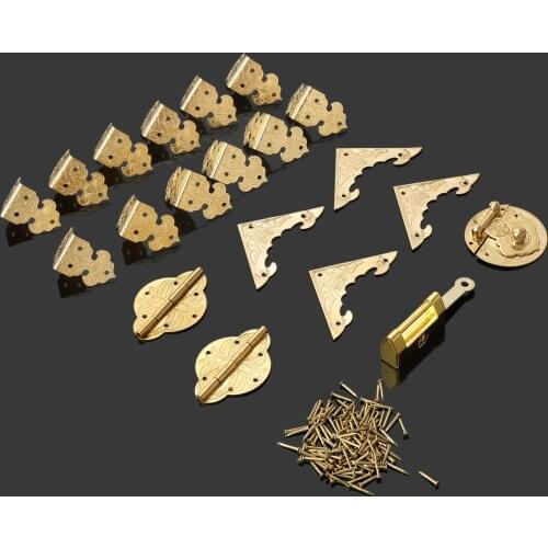 Brass Furniture Hardware Set Chest Hinge Trunk Latch Lock Jewelry Wooden Box Handle Pulls Knob Corner Brackets Protector & Nails