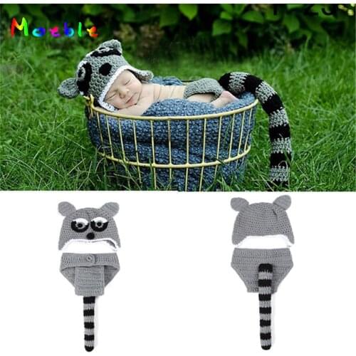 Moeble Crochet Baby Hat Diaper Set Newborn Boys Coming Home Outfits Knitted Infant Baby Animal Christmas Raccoon Costume