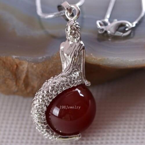 Natural Stone Mermaid Pendant Round Bead Red Onyx Necklace Pendant E847