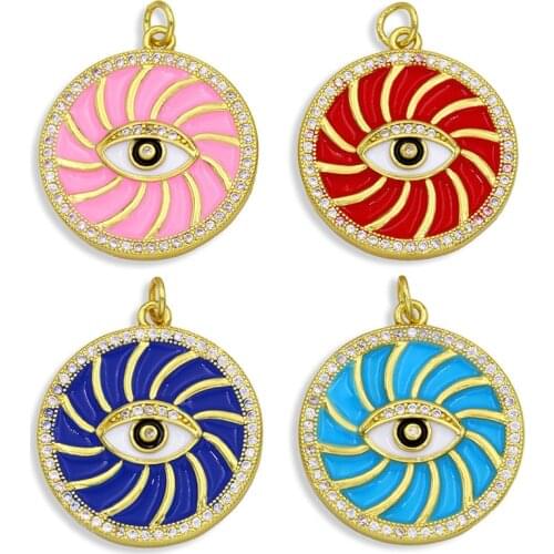 OCESRIO 6 Colors Brass CZ Enamel Coin Evil Eye Charms Pendant 14k Gold Plated Spiritual Jewelry Making Supplies DIY pdta320