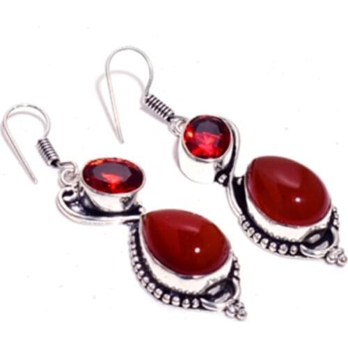 Genuine Carnelian + Garnet ,Silver Overlay on Copper Earrings , Hand made Women Jewelry Gift