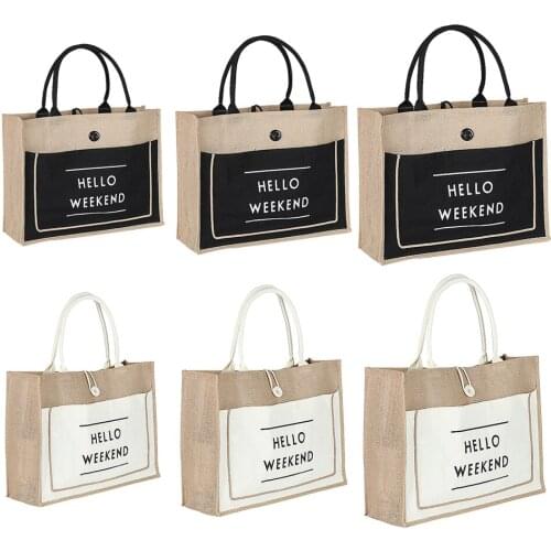 Summer Natural Linen Luxury Tote Large Capacity "Hello Weekend"Female Casual Shoulder Bag Daily Handbag Fresh Beach Shopping Bag