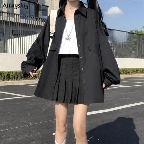 Spring Shirts Women Chic Basic Simple Pure Black Casual All-match Lovely College Girls Tops Korean Fashion Femme Clothing Daily