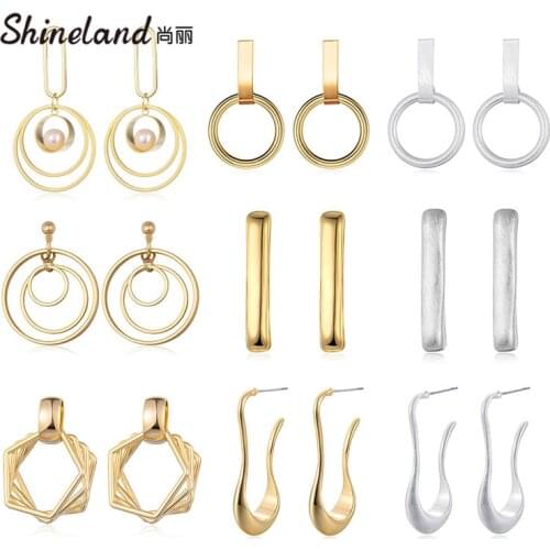 Shineland New bijoux Metal Drop Earring For Women Girls Circle Geometric Pearl Brincos Female Vintage Punk Accessories Cheap