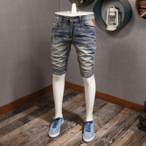 Summer Men Retro Blue Denim Shorts Streetwear Casual Mens Cotton Slim Fit Distressed Short Jeans