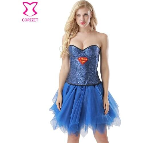 Blue Sequin Corset Hero Fancy Dress Burlesque Cosplay Women Superhero Costume Halloween Sexy Costumes For Adults