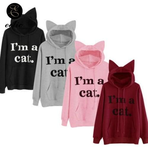 I Am A Cat Hoodie Cat Ear Kangaroo Pocket Hoodie Poleron Mujer 2021 Big Size Hoodie With Letter Women Harajuku Kawaii Sweatshirt