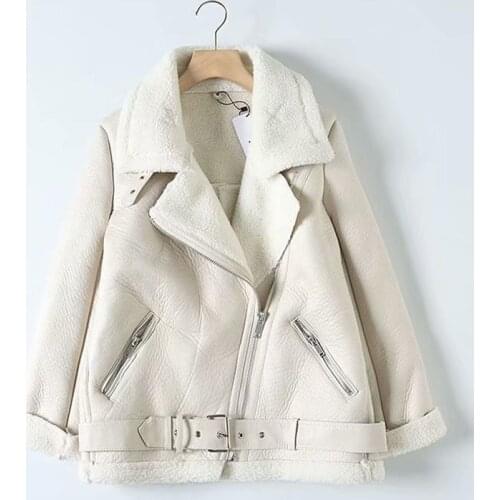 High Quality Long Sleeved Loose Fur Warm Womens Jacket Lamb Wool Winter Thickened Locomotive Lapel Female Coat PU Tops JK282