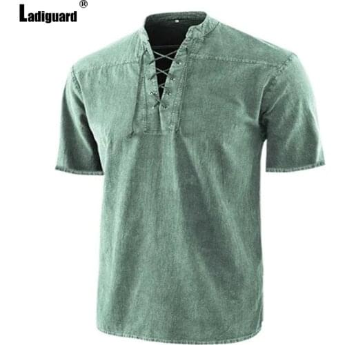 Plus Size 3xl Mens Fashion Shirt Lace-up V-neck Tops Short Sleeve Linen Blouses 2021 New Summer Homme Ropa Casual Pullovers