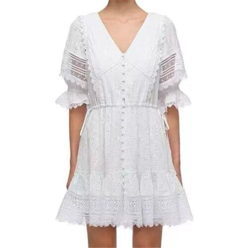 White Cotton Lace Patchwork Dresses for Women 2021 Runway Designers Elegant V-neck Puff Sleeve Mini Dress Female Summer Vestidos