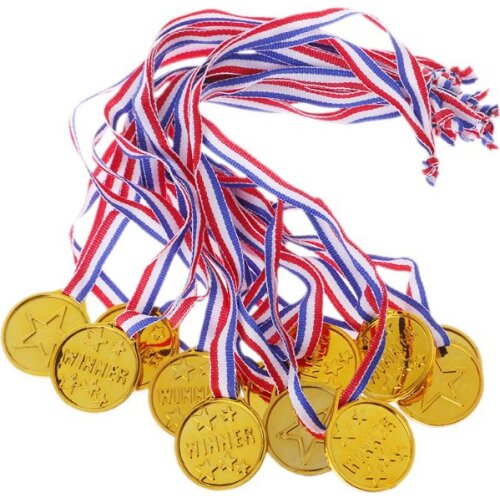 12Pcs Plastic Gold Tone Winner Award Medals School Supplies Kids Toy Photo Props