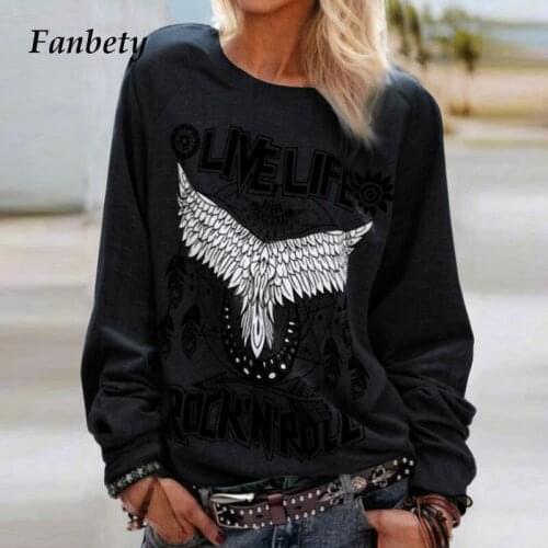 2020 Fashion Eagle Letter Pattern Pullovers Tops Autumn Women Elegant O-Neck Blouse Shirts Female Casual Long Sleeves Streetwear