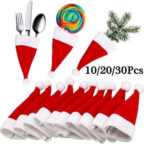 30pcs Mini Christmas Hat Tableware Knife Fork Set Holder Pocket Bag Merry Christmas Party Dinner Wine Bottle Xmas Hat Decoration